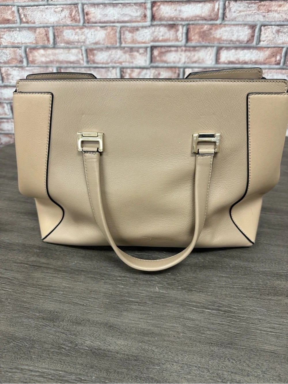 Jimmy Choo Beige Leather Tote with Gold Hardware- The Alfie